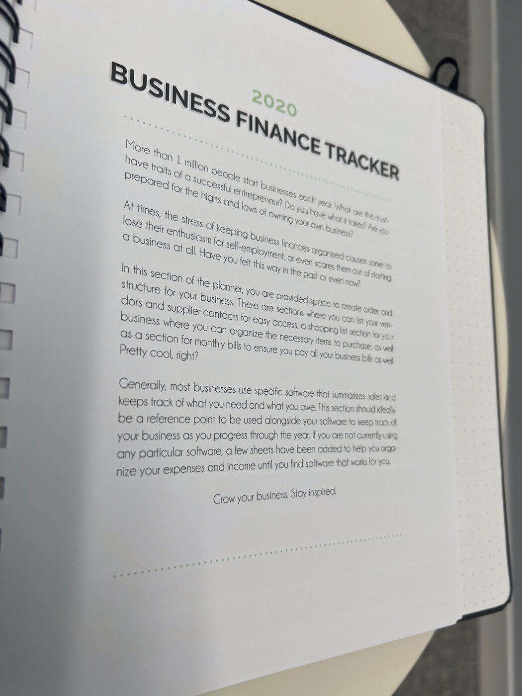 Business finance tracker section inside The Paper Life Coach
